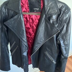 Barneys New York Black Leather Jacket with Burgundy Quilted Lining